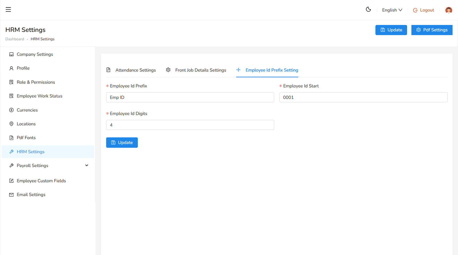 Employee ID Prefix Settings