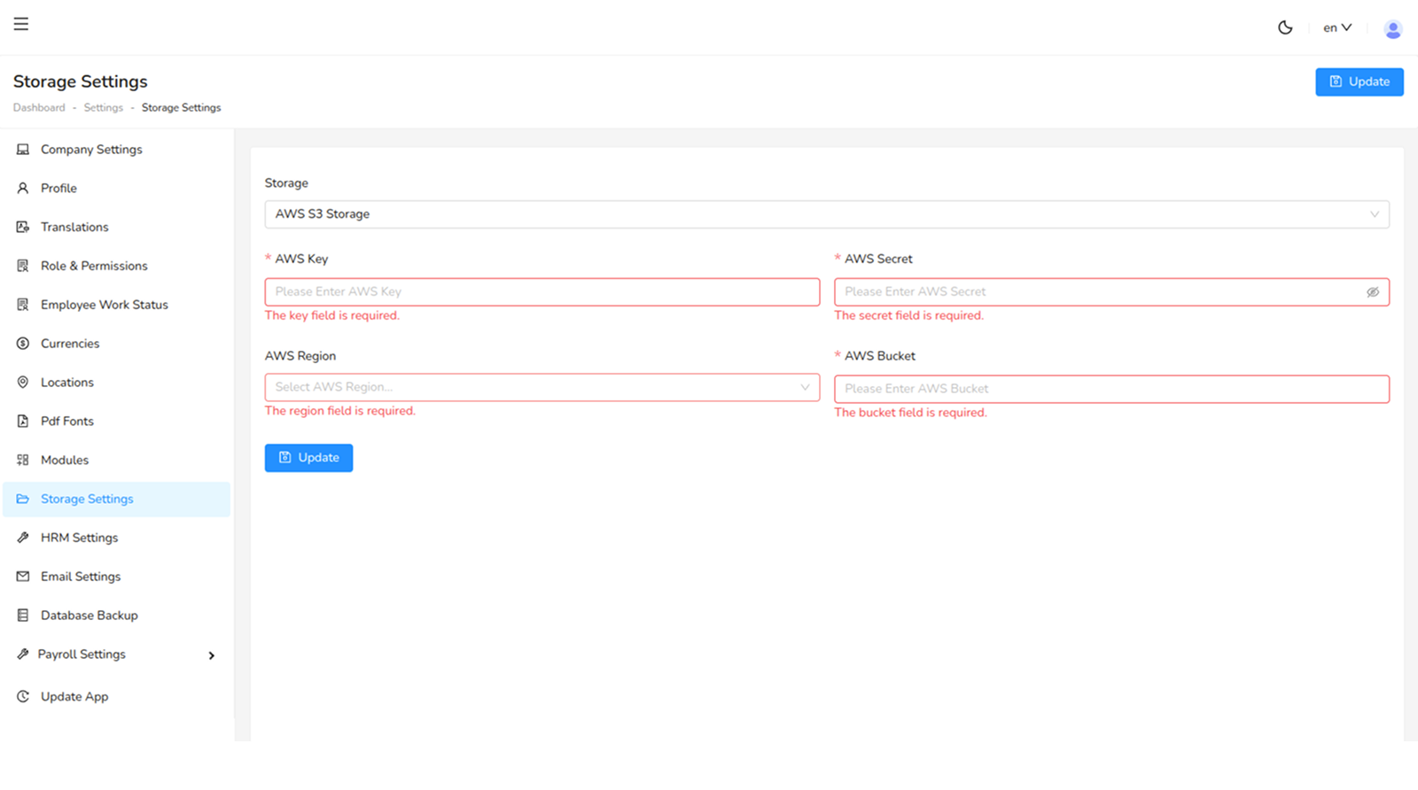 Storage Settings